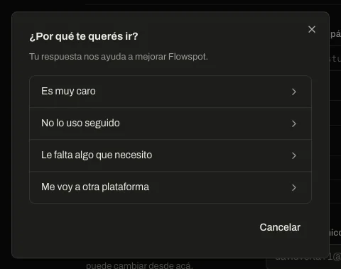 El modal para borrar la cuenta, en el primer paso: por qué te querés ir