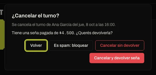 Diálogo “¿Cancelar el turno?” de un turno con seña pagada, con “Cancelar sin devolver” y “Cancelar y devolver seña”