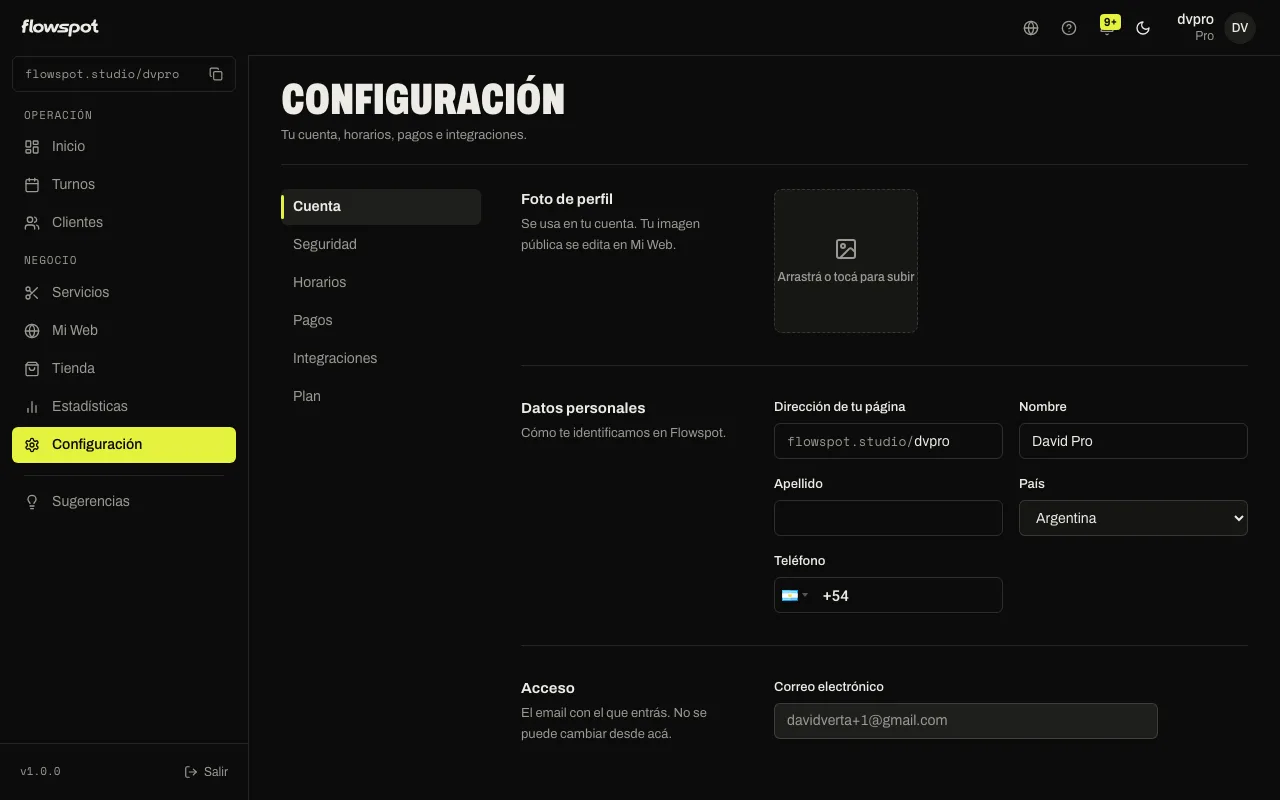 Configuración → Cuenta con Foto de perfil, Datos personales y Acceso visibles