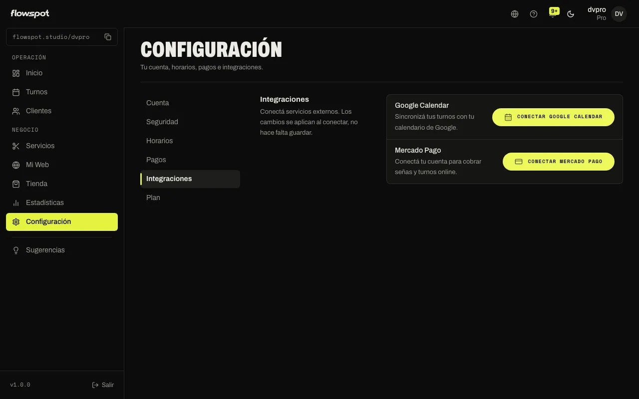 Configuración → Integraciones, con Google Calendar y Mercado Pago