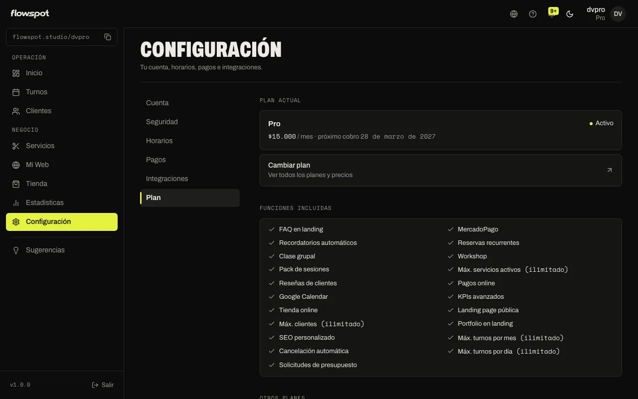 Configuración → Plan de un pro en prueba, con los días que le quedan y las acciones Cambiar plan y Cancelar suscripción
