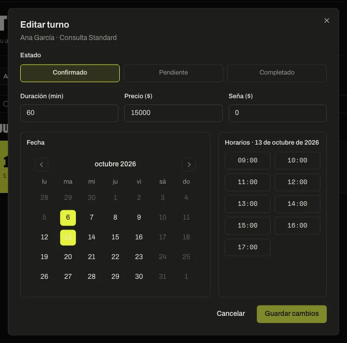 Diálogo “Editar turno” con la fecha cambiada y los horarios libres de ese día