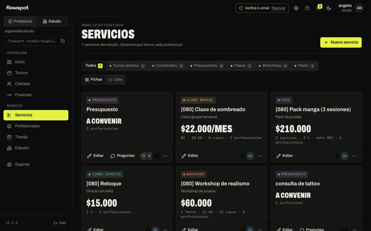 Servicios del estudio en vista Fichas, con el tipo de cada uno y los profesionales asignados