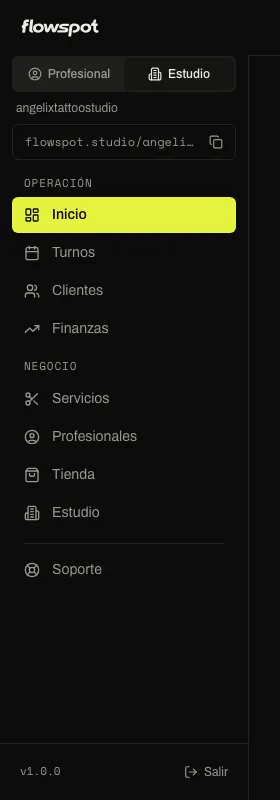 Menú lateral del dashboard con el switch “Profesional | Estudio” arriba, en contexto Estudio