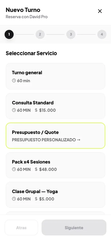 La página pública de un pro en el celular, en el paso de elegir servicio del flujo de reserva actual