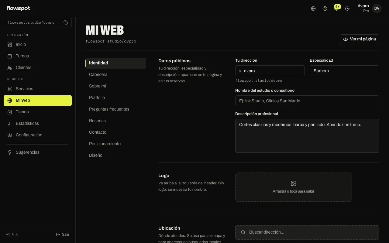 Mi Web → Identidad con los campos cargados