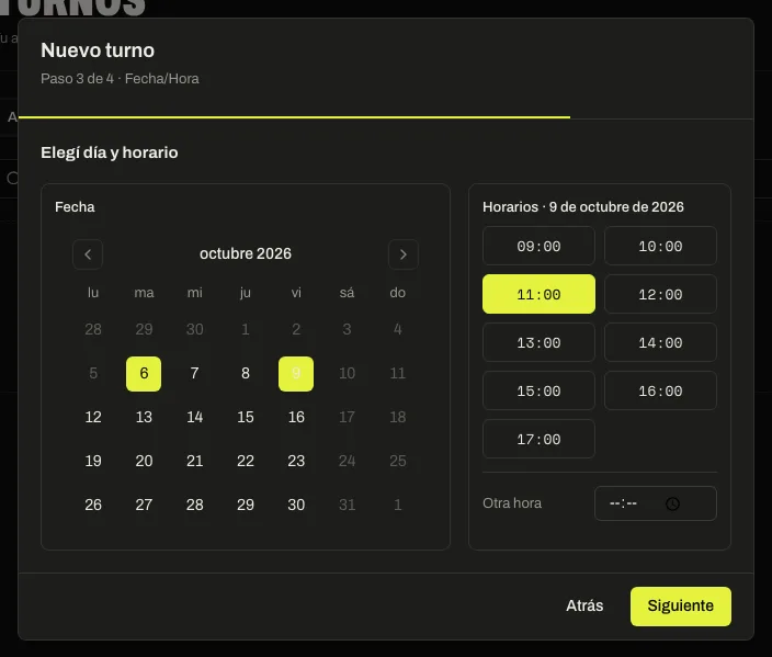 Turnos con el asistente “Nuevo turno” abierto en el paso Fecha/Hora
