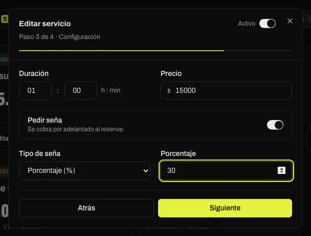 Formulario de edición de un servicio con “Pedir seña” prendido, tipo Porcentaje y 30