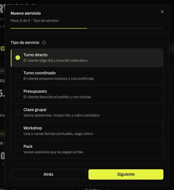 Paso 2 del formulario con los seis tipos de servicio