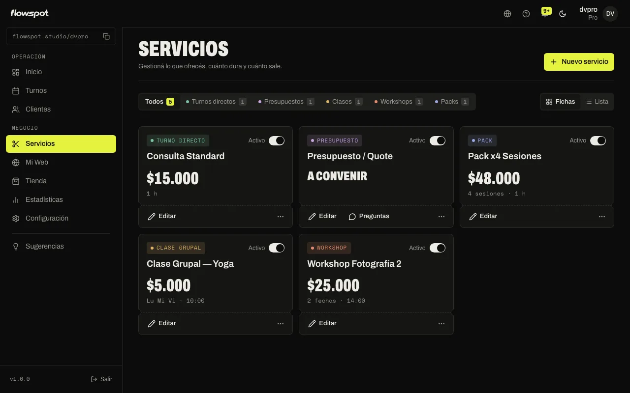 Servicios en vista Fichas, con un par de servicios cargados y el botón “Nuevo servicio” arriba
