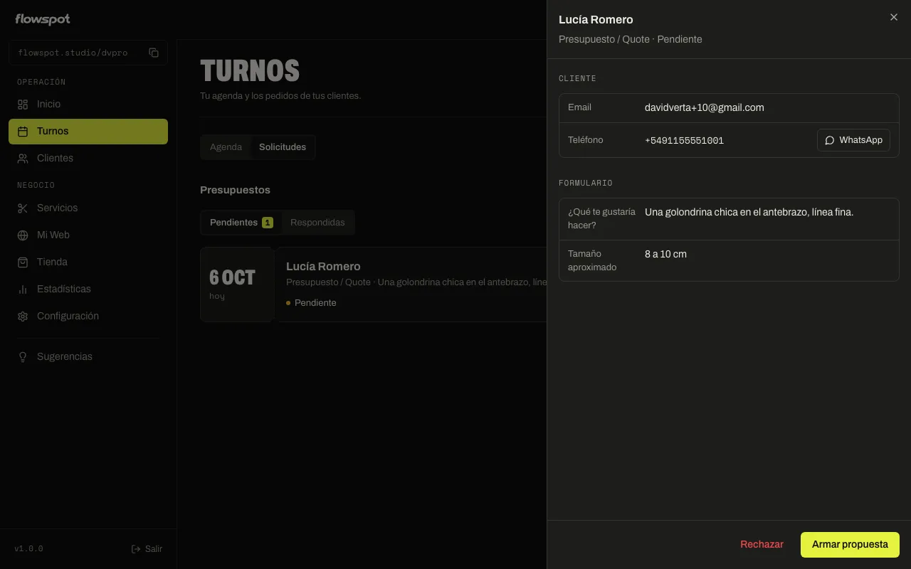 Panel de un pedido pendiente con los datos del cliente, referencias y los botones Rechazar y Armar propuesta