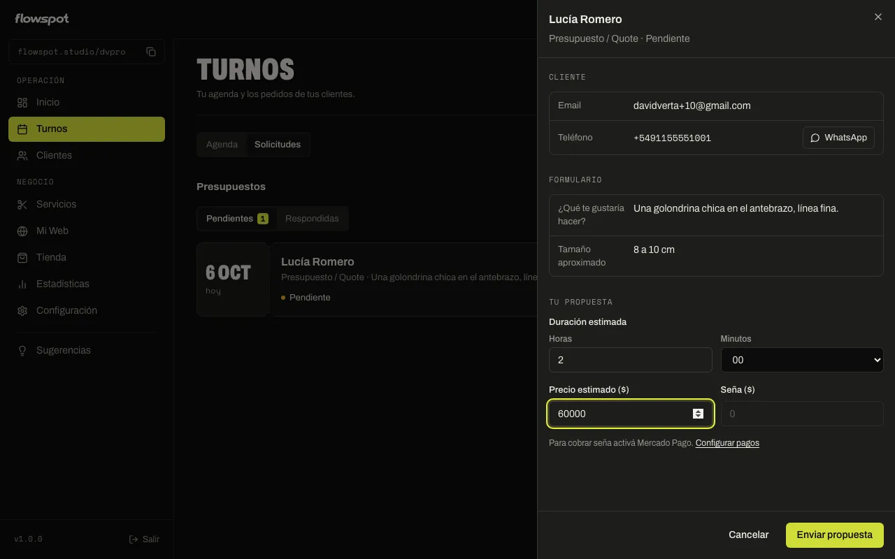 Formulario Tu propuesta con duración, precio estimado y seña completos