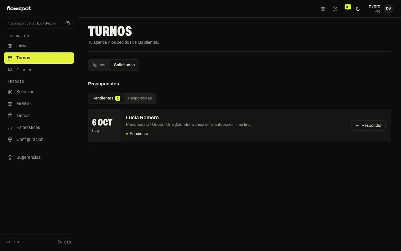 Turnos → Solicitudes → Pendientes con varios pedidos, uno marcado con “N días sin responder”