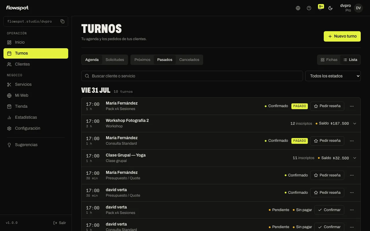 Turnos en la pestaña Pasados, vista Lista, con el buscador y el filtro de estado