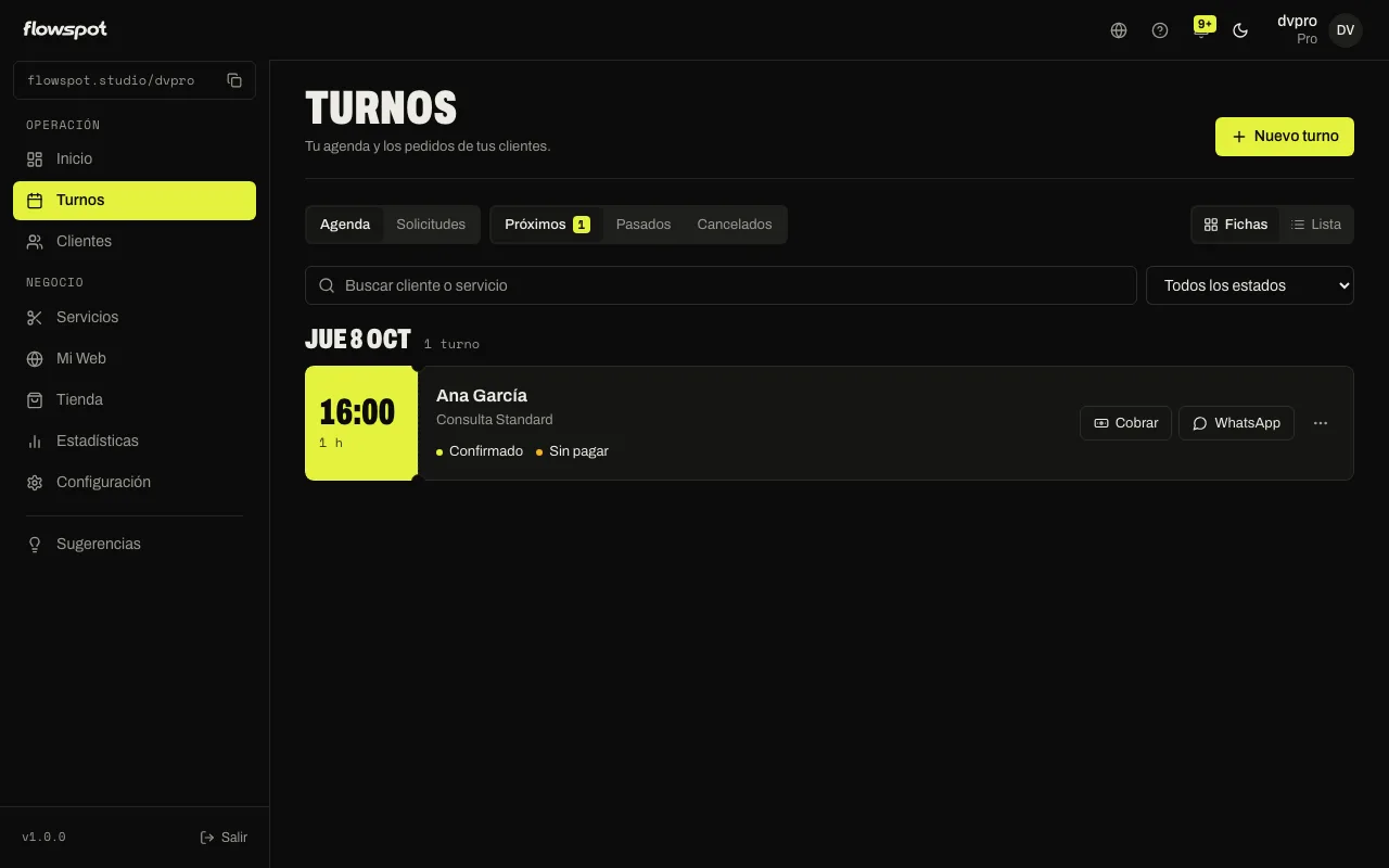 Turnos → Agenda con la reserva de prueba recién creada, abierta en el detalle